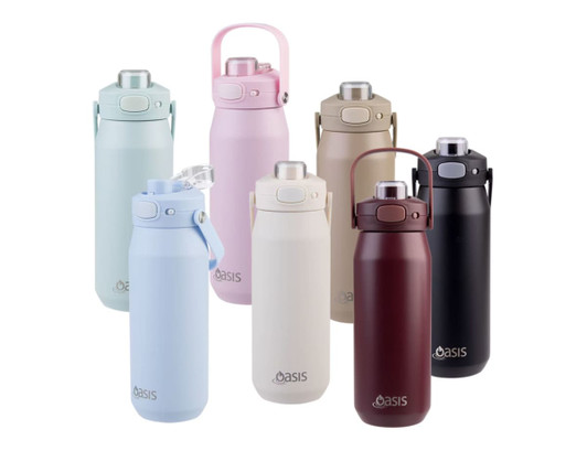 A drink bottle collection featuring various colours: light blue, pastel pink, cream, brown, black, and dark red, with a quick release lid.