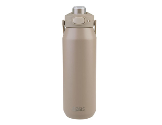 A drink bottle in a soft beige hue featuring a vacuum quick release lid and a sturdy carrying handle.