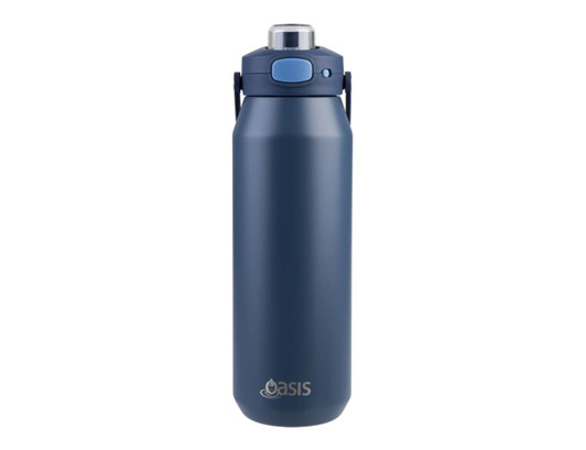 A drink bottle in navy blue featuring a quick release lid and a logo on the front, designed for easy hydration.