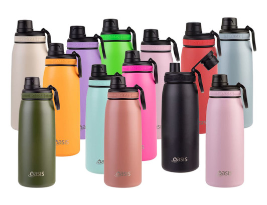 A drink bottle collection in various colours, featuring the Oasis 780ml vacuum sports screw cap design, with logos.