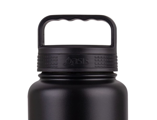 A drink bottle with a black finish, featuring a sturdy handle and a textured grip around the lid. It has a logo.