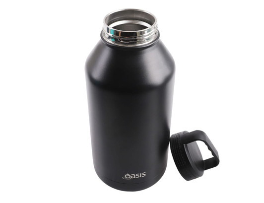 A drink bottle in matte black with a stainless steel opening and a removable lid, featuring a logo.