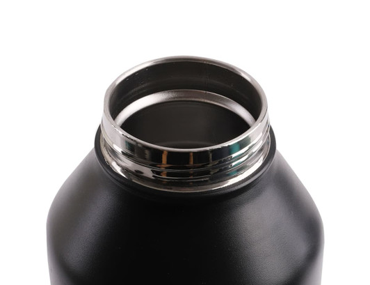 A drink bottle with a black matte finish, featuring a stainless steel rim at the opening. It has a logo on the body.