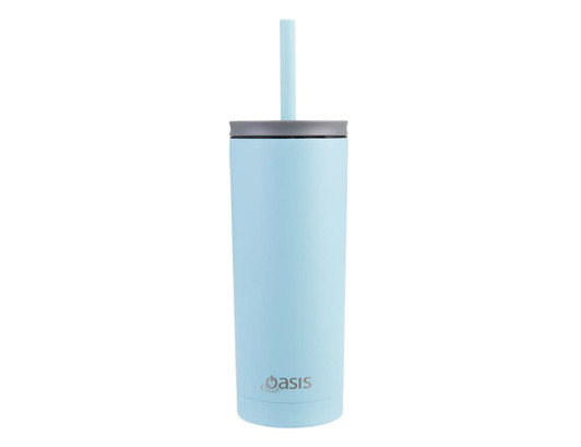 A drink bottle in light blue with a grey lid and a straw, featuring a logo on the side.