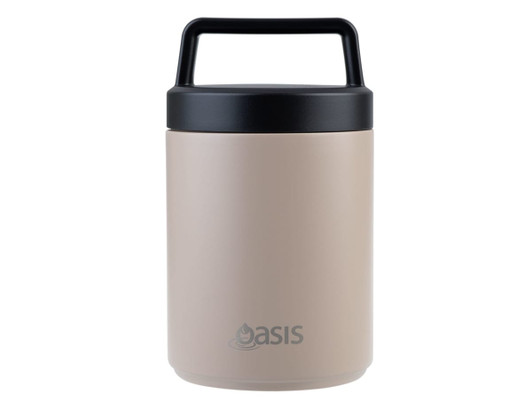 A vacuum food flask in a light beige colour with a black lid and handle, featuring a brand logo.