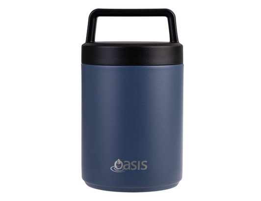 A vacuum food flask in a dark blue colour with a black lid and a handle. It features a logo on the front.