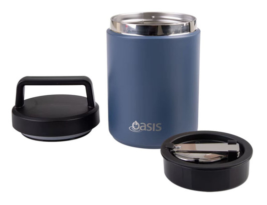A drink bottle in blue featuring a stainless steel interior, a black lid, and a spoon attachment.