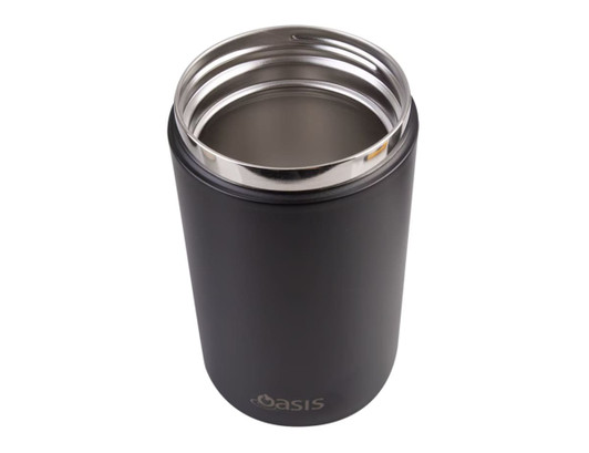 A drink bottle in matte black with a stainless steel interior, featuring a logo on the side.