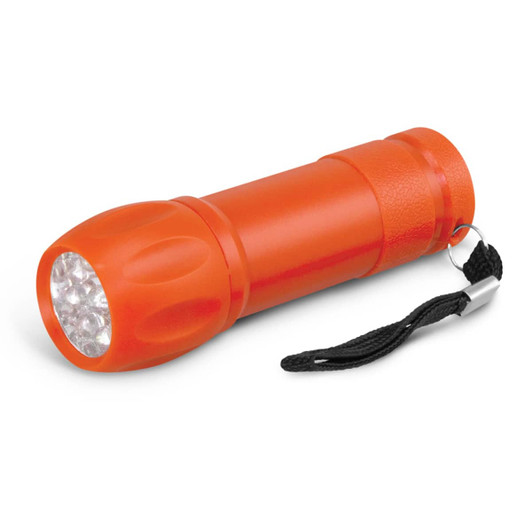 An orange flashlight with a textured grip and keyring attachment. It features a cluster of bright LED lights at the front.