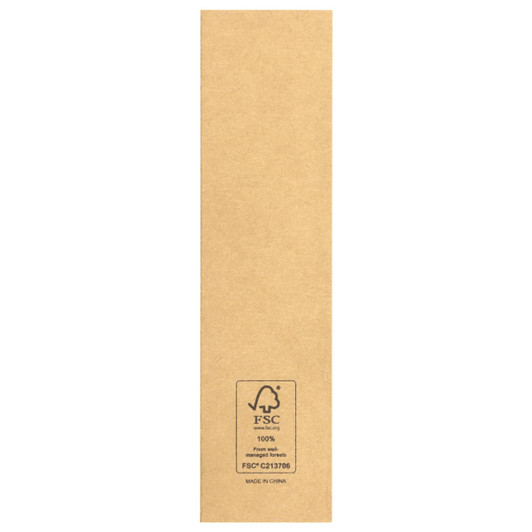 A brown cardboard pen sleeve with a logo and FSC certification mark at the bottom.
