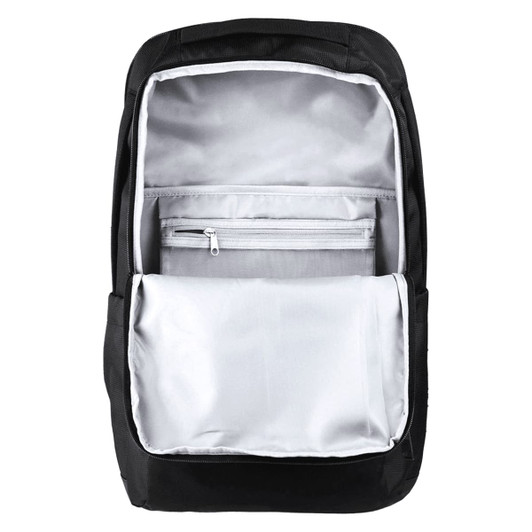 A black backpack with a spacious interior, featuring grey lining and multiple pockets. It includes a branded logo.
