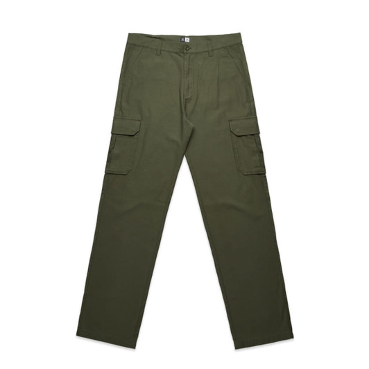 Utility cargo pants in olive green, featuring multiple pockets and a straight leg design. Includes a logo.