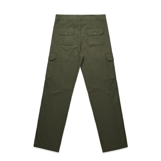 Utility cargo pants in olive green, featuring multiple pockets and a classic fit, with a visible logo on the waistband.