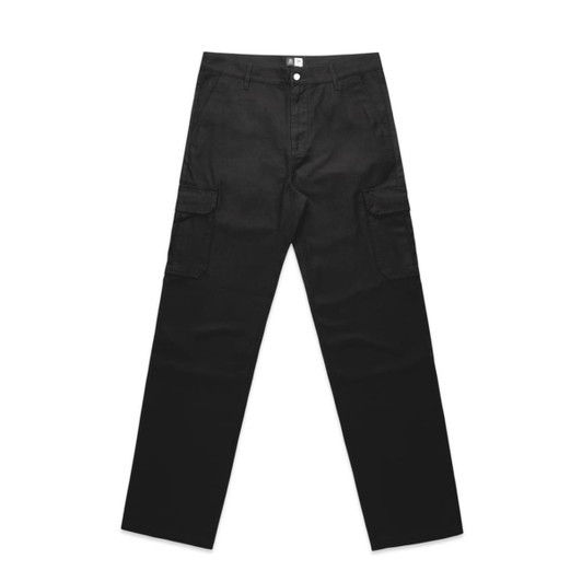 Black utility cargo pants featuring side pockets and a button closure, with a simple logo on the waistband.