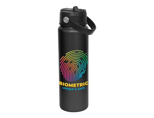 A drink bottle in black featuring a colourful fingerprint design and a screw-on lid with a carrying handle.