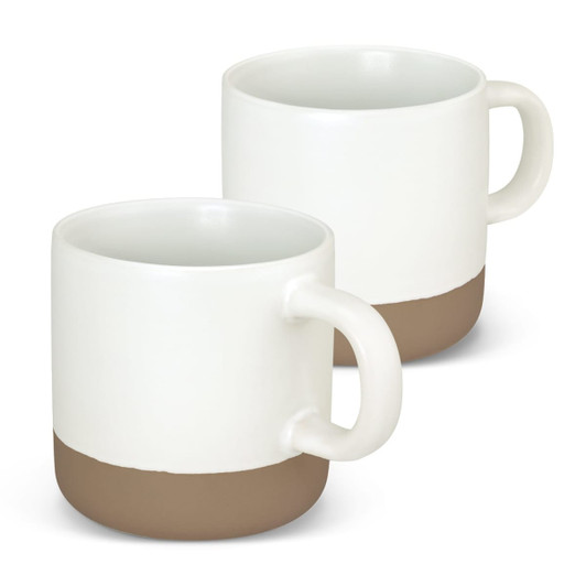 A set of ceramic coffee mugs in white and tan, featuring a simple design with a prominent handle.