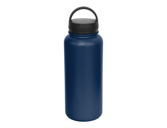 A drink bottle with a vacuum carry lid, featuring a matte navy blue finish and a black lid.