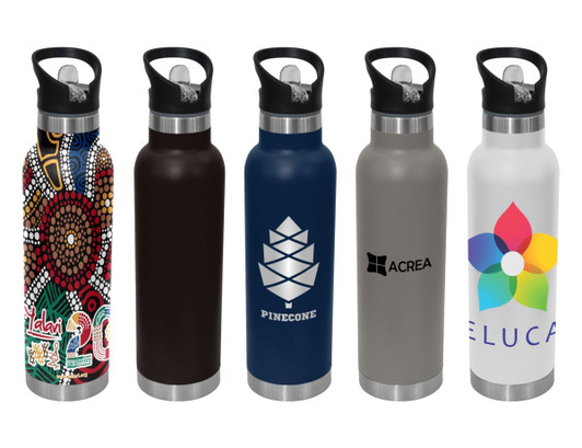 A drink bottle collection featuring various designs in black, navy, grey, and white, each with a spout and branding.
