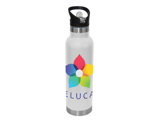 A drink bottle featuring a stainless steel design, white body, and a colourful flower logo with a black spout.