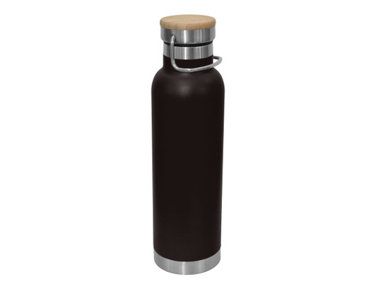 A drink bottle in dark brown with a bamboo lid and stainless steel base, featuring a metal handle.