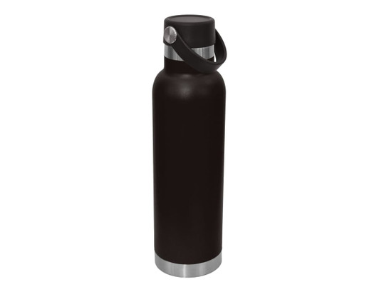 A drink bottle in black with a stainless steel base and carry lid. It features a sturdy handle and a logo.
