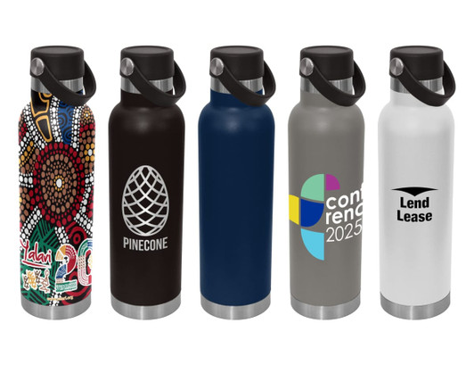 A drink bottle collection featuring various designs, including black, blue, grey, and white finishes, with multiple logos.