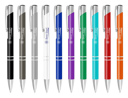 A collection of ten metal pens in various colours, including black, grey, white, blue, green, and orange, with branding.