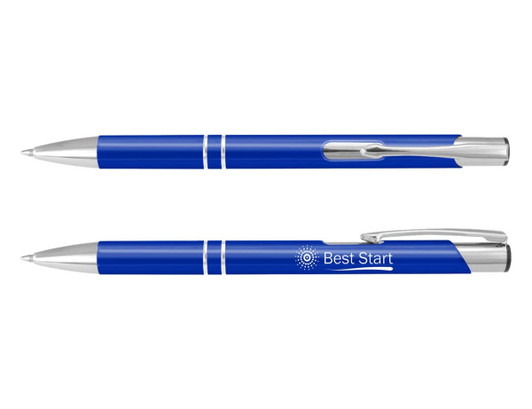 A blue metal pen with silver accents and a logo, featuring a sleek design and pen clip.