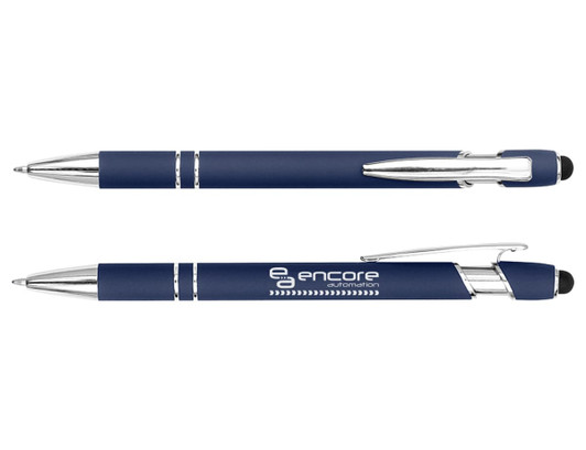 A stylus pen in navy blue with chrome accents and a logo, featuring both a ballpoint and a touch tip.