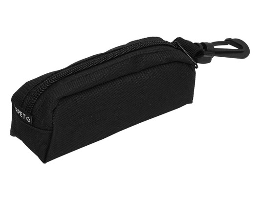 A black zippered pouch with a clip, featuring a textured fabric and a small branding logo.