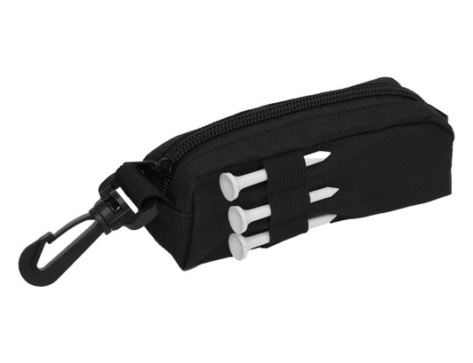 A small black zippered pouch with a clip, featuring spaces for three white golf tees.