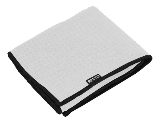 A folded golf towel featuring a textured white fabric with black edging and a small logo.