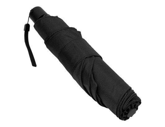 A compact black umbrella, folded and secured with a strap, featuring a logo on its handle.