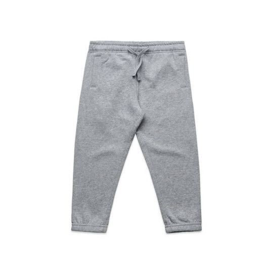 Grey kids' track pants featuring an elastic waistband, drawstring, and side pockets. The design has a simple, sporty style.