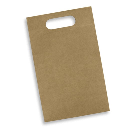 A die cut paper wine bag in a natural brown colour, featuring a handle at the top and a plain design.