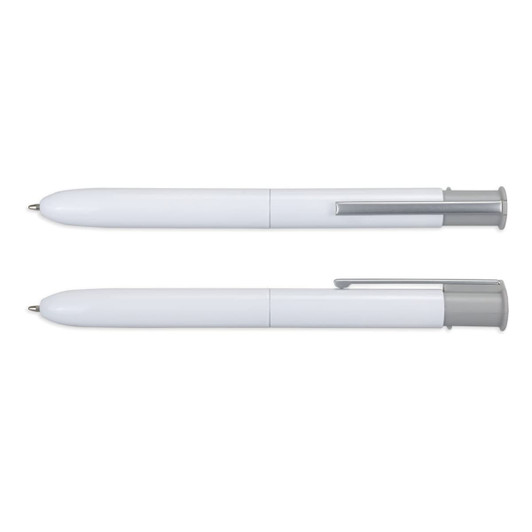 A white pen with a grey clip and a smooth design, featuring a logo on the body. Two pens are displayed.