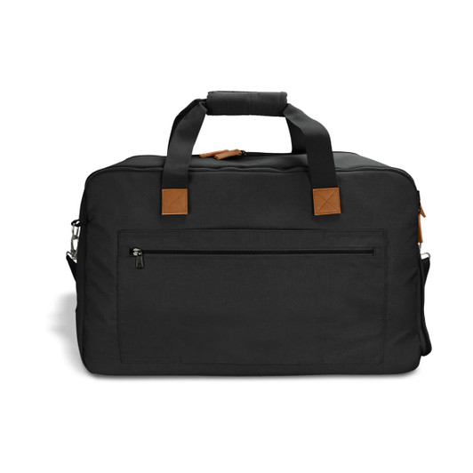 A black duffle bag with a leather trim and a front zipper pocket, featuring handles and a shoulder strap.