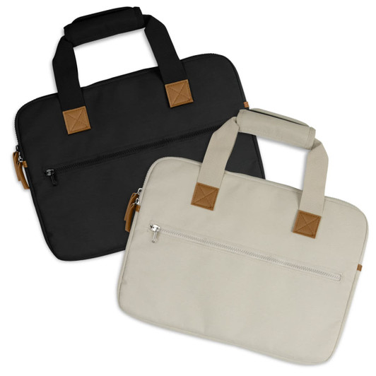 A laptop bag in black and beige, featuring two handles and a zippered front pocket. Includes branding.