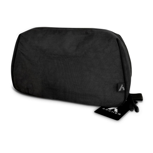 A black toiletry bag with a logo, featuring a sleek, minimalist design and a zip closure.