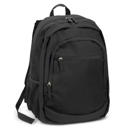 A black backpack with multiple compartments, including a zippered front pocket and mesh side pockets.