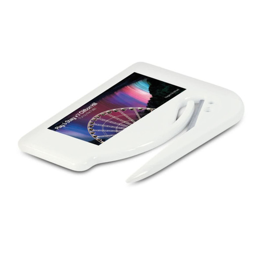 A letter opener and satchel cutter in a sleek white design, featuring a promotional image on the front.