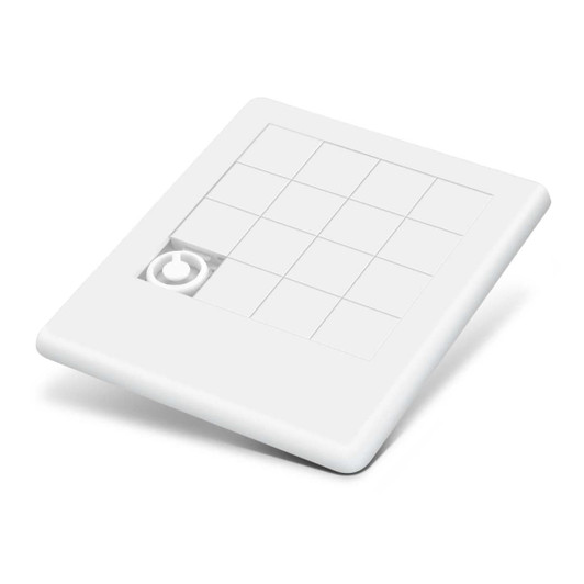 A white puzzle-shaped product with a grid design and a central cut-out, featuring a logo.