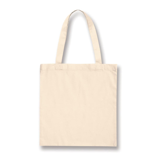 A cotton tote bag in a neutral beige color with long handles for easy carrying.