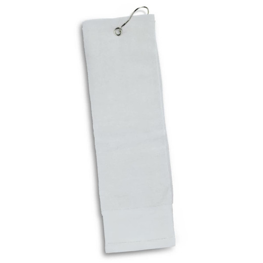 A golf towel featuring a solid white design, complete with a hanging loop for easy attachment.