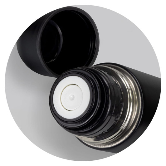 A drink bottle featuring a black exterior with a silver interior and a screw-on lid. The bottle has a logo.