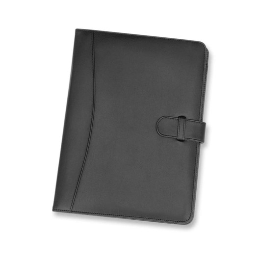 A black portfolio featuring a sleek design with a button closure and a calculator inside.