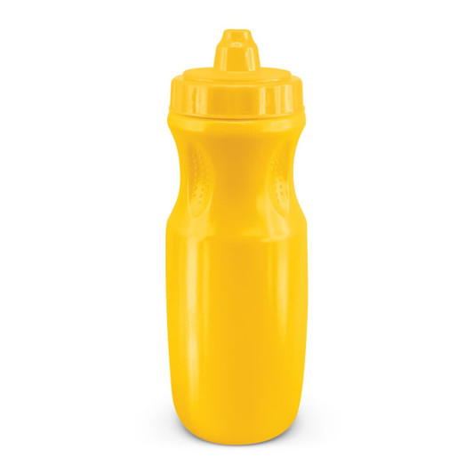 A drink bottle in bright yellow with a flip-top cap and an ergonomic design.