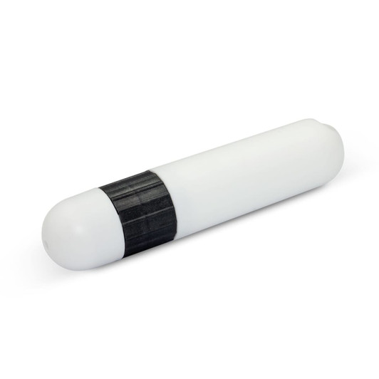 A lip balm tube with a white body and a black twist base.