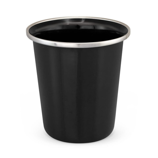A black enamel tumbler with a silver rim, designed for drinkware use. It has a smooth finish and a simple, elegant design.