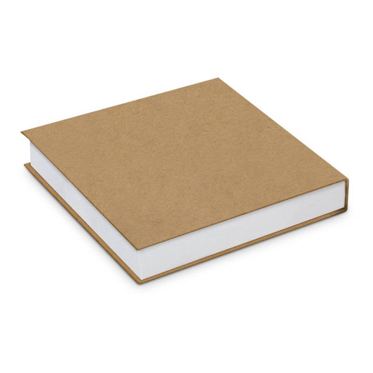 A sticky note pad featuring a plain brown cover with white edges.